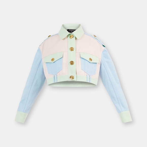 Balmain Multicolor Pastel Crop Blue Pink Seafoam Green Button Jacket Denim - Picture 3 of 11